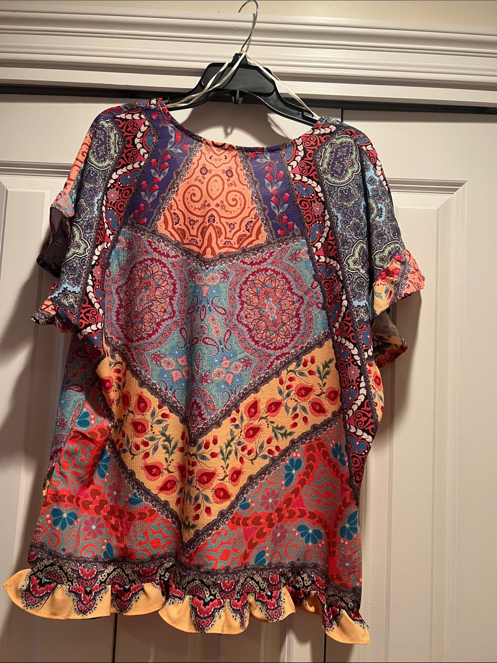 Umgee Multi-Color Patchwork V-Neck Ruffle Sleeve Top - Picture 2 of 2